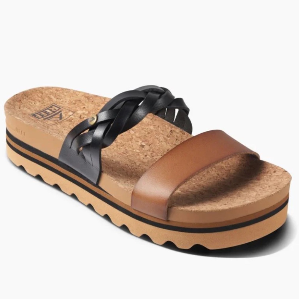 REEF Cushion Vista Hi Twist Platform Slide Sandal Cognac/Black Braid Brown